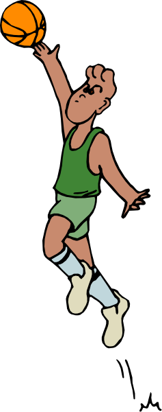 The image shows a cartoon of an animated basketball player midair with his arms outstretched as if shooting at a hoop during a game.