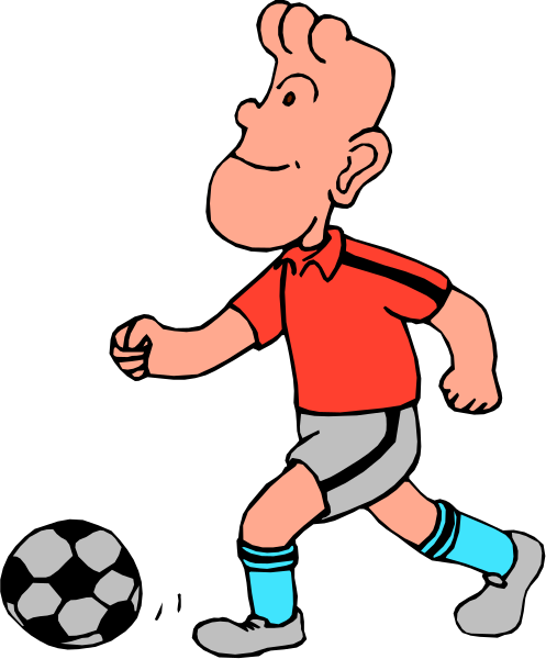 The cartoon depicts a young boy running with his foot on top of a soccer ball while wearing shorts and cleats; he is in motion against a black background.