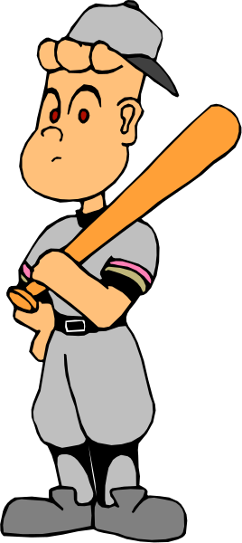 The cartoon shows a baseball player holding two bats with his hands crossed over them while standing on what appears to be grass in front of an audience; he is wearing a uniform that includes a cap, jersey, and pants typical for such sports attire.