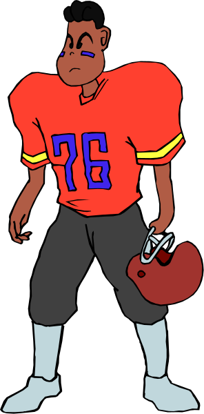 The image shows a cartoon of an American football player wearing jersey number 76 with red sleeves holding two helmets in his hands while standing on what appears to be grassy field during daylight hours, looking directly at viewer without any visible facial features or expressions due to the style. There are no texts present within this image. The art is simple and cartoonish, focusing solely on depicting a football player with minimal detail beyond his uniform number and attire.