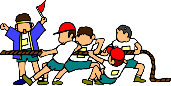 The image shows a group of cartoon characters engaged in tug-of-war with each other; there is no text present on this clipart illustration.