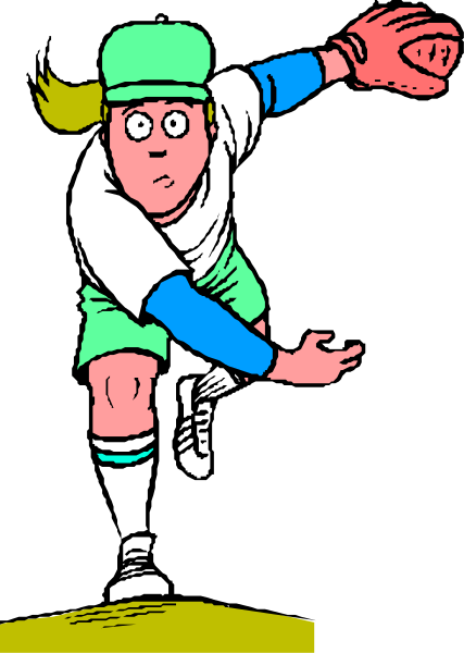 The cartoon shows a baseball player on top of a base with his leg extended behind him as if he has just thrown something; there is no visible text in this image.