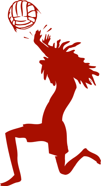 The image shows a red silhouette of an athlete holding a volleyball with both hands above their head while jumping in mid-air against a black background.