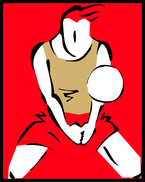 The image shows a black and white line drawing of an athlete holding a volleyball on court with red background.