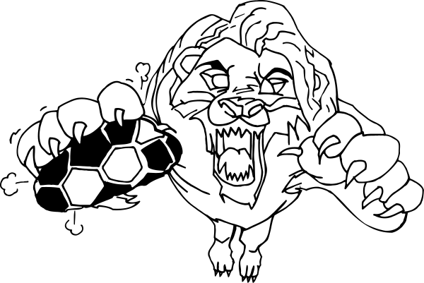The black and white illustration shows a cartoon lion with an aggressive expression holding up its paw as if roaring at something off-frame to the right of it.
