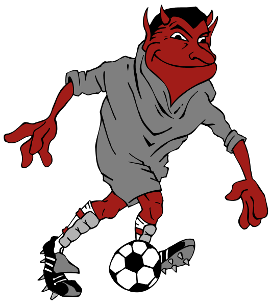The image shows a cartoon of an anthropomorphic devil character wearing soccer gear with cleats on his feet while holding a sports ball in one hand; he is standing against a black background that has white text at bottom right corner, which appears to be part of another graphic or design element.