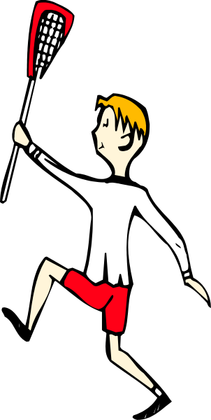 The image shows a cartoon of an athlete holding a lacrosse stick on what appears to be a sports field with goalposts in background.