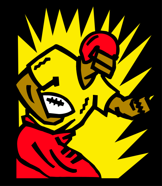 The illustration depicts a male athlete wearing red shorts with an American football jersey number 10 on it; he is in mid-action throwing what appears to be a baseball while running towards his right, and there's a yellow explosion effect behind him suggesting motion or impact. His left arm extends forward as if for balance during the throw. The background of this image has no distinct features other than being plain white with black outlines around objects in it.