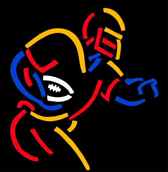 The image shows a black and white line drawing of an American football player running with a ball on his arm while wearing protective gear such as helmet and pads.