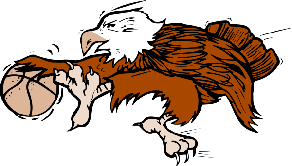The image shows a cartoon eagle with an American flag motif on its wings holding two basketballs while standing next to what appears to be a sports ball banner that reads "Eagles."