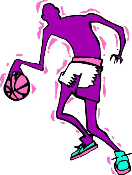 The image shows a cartoon of an athlete holding a basketball with both hands while running on what appears to be a court surface.