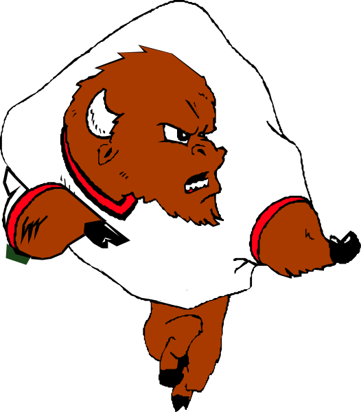 The image shows a cartoon of an anthropomorphic buffalo character with horns running on two legs while wearing what appears to be sports attire; it is in black-and-white coloration against a dark background, and there's no text present within this small clip art frame.