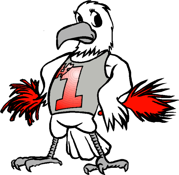 The image shows a cartoon of an eagle with its wings spread wide standing on top of what appears to be a football player's uniform shirt in front of two red streamers that resemble flames coming from behind it, all set against a black background.