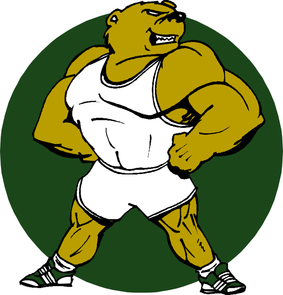 The image shows two identical illustrations of a muscular man wearing sports attire with his arms flexed to showcase muscles; he is standing in front of an emblem that resembles a bear's head, and there appears to be text on both sides but it isn't legible.