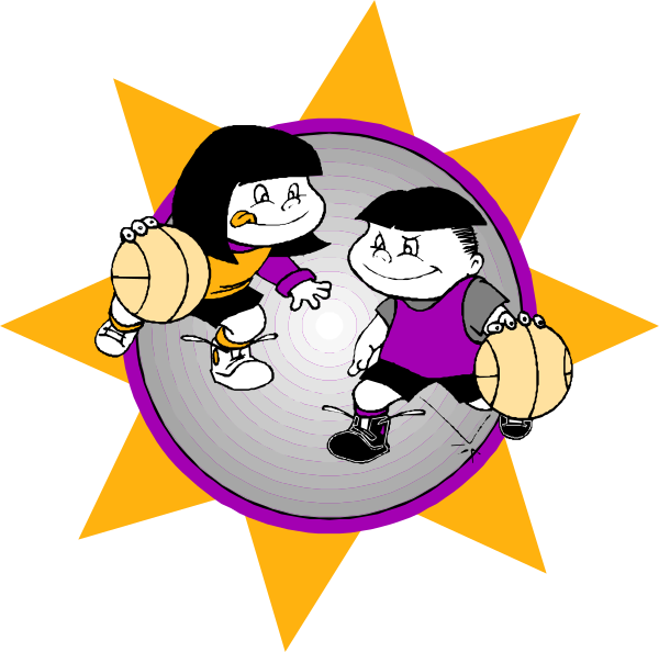 The image shows two animated characters standing on a basketball court with sun rays emanating from behind them; both have black hair and wear purple shirts with white shorts featuring orange stripes at sides.