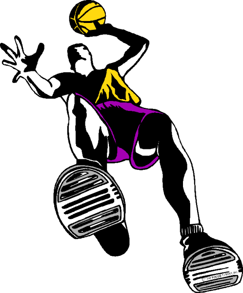 The black and white illustration shows a basketball player midair with an outstretched arm attempting to catch a ball during what appears to be a game of streetball on a court at nighttime.