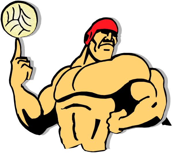 The image shows a cartoon of an animated male character with muscular build holding two sports balls: one is basketball-like in shape while the other resembles volleyball. He has short hair and appears to be standing against a dark background, possibly indicating he's playing or about to play these games.