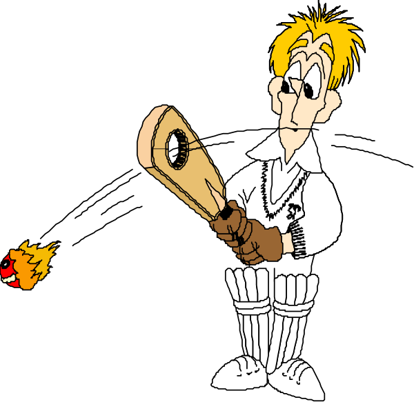 The cartoon depicts a man holding a cricket bat with two balls on it while standing next to three fire pits in an outdoor environment during nighttime.