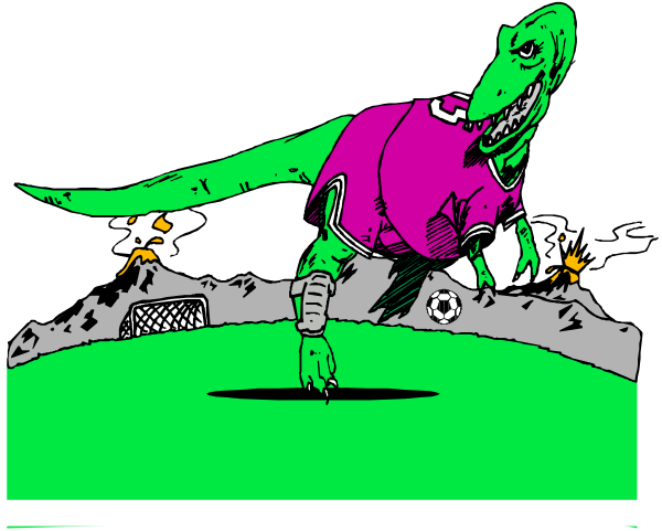 The image shows a cartoon of an animated dinosaur dressed as a soccer goalie standing on what appears to be a field with sports equipment in background.
