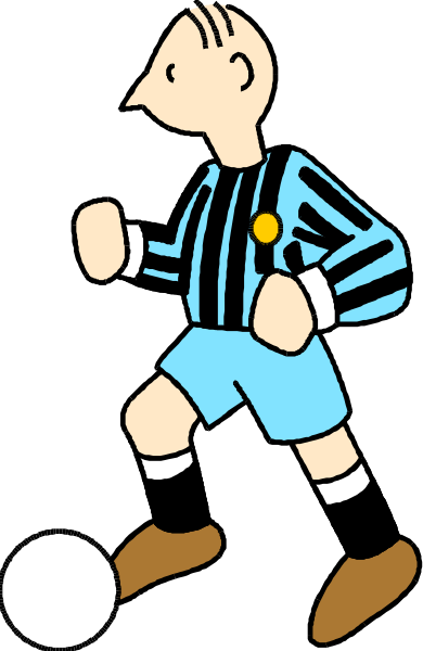 The cartoon shows a male soccer player wearing blue shorts with white stripes on his legs; he is running towards an orange ball while looking down at it.