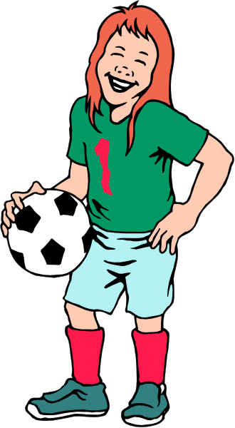 The cartoon depicts a young girl holding soccer ball with her left hand while standing on right leg; she is wearing red shorts over green leggings, blue socks, white shoes, black hair in ponytail and has freckles across face.