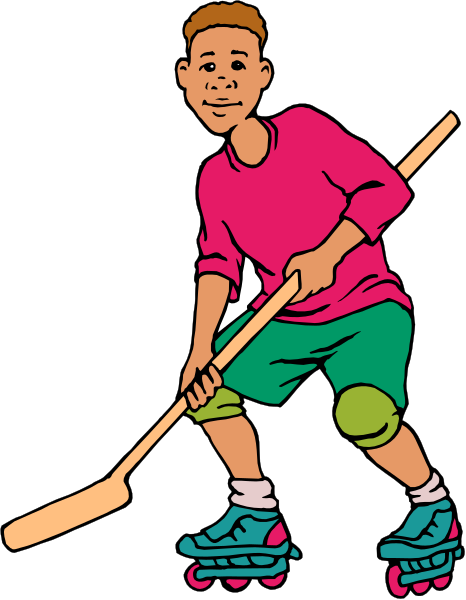 The illustration shows a cartoon of an African American boy with brown hair wearing pink shirt holding hockey stick while skateboarding on ice rink.