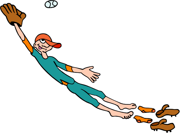 The cartoon shows a baseball player leaping into action with his glove outstretched to catch an incoming ball while another character is falling towards him from above in what appears to be slow motion due to their stretched arms and legs, both characters wearing red hats; there's no visible text or background details.