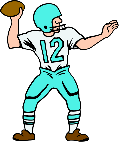 The image shows a cartoon of an American football player holding a ball with his left hand while standing on what appears to be grassy field. He is wearing a blue jersey numbered 12, white pants with stripes and cleats, and he has short hair. His right arm is extended outward as if ready for action or throwing the ball. The player's posture suggests movement in motion, possibly running forward to pass the ball during gameplay. There are no other objects or people visible within this image; it focuses solely on the football player depicted herein.