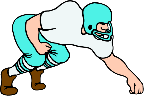 The image shows a cartoon of an American football player crouching down with his hands on the ground as if he is about to run forward during a game.