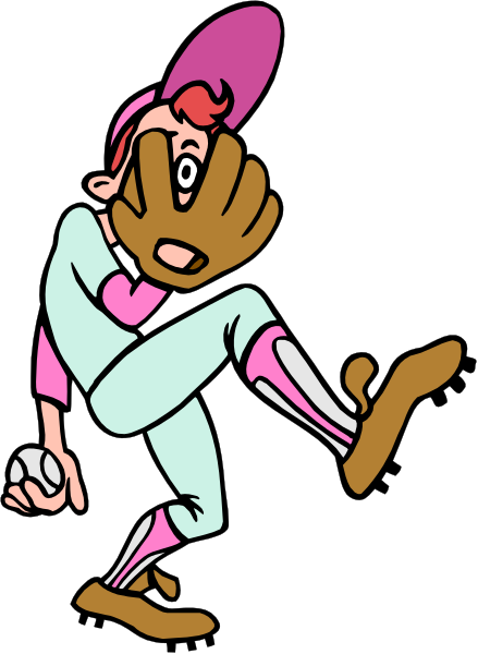 The cartoon depicts a baseball player with his leg raised behind him while holding onto something that appears to be an object in motion; he is wearing a uniform consisting of pink pants, white shirt, brown shoes, and has a glove on one hand.