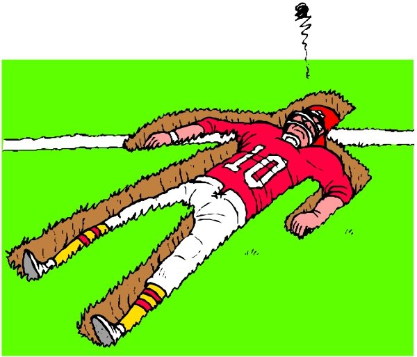 The comic strip shows a football player lying on his back with an oversized shoe covering him from head to toe while he is in bed at night.