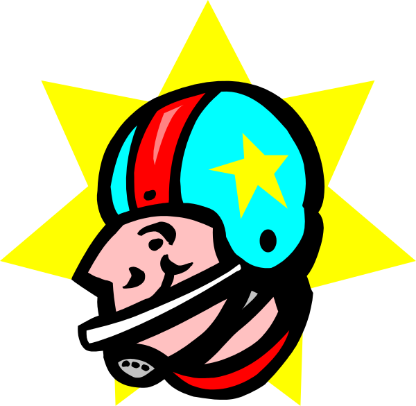 The image shows a stylized cartoon helmet with an emblem on it against a starburst background.