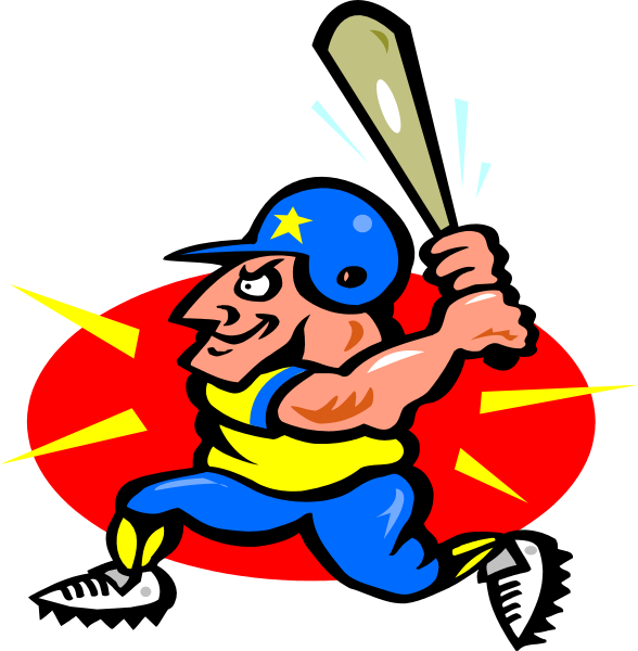 The image shows two cartoon baseball players with exaggerated features; on the left is a player swinging at an incoming ball while wearing blue shorts and holding a bat in his right hand, and to the right is another player celebrating by throwing up both arms after hitting the ball, also dressed in yellow.