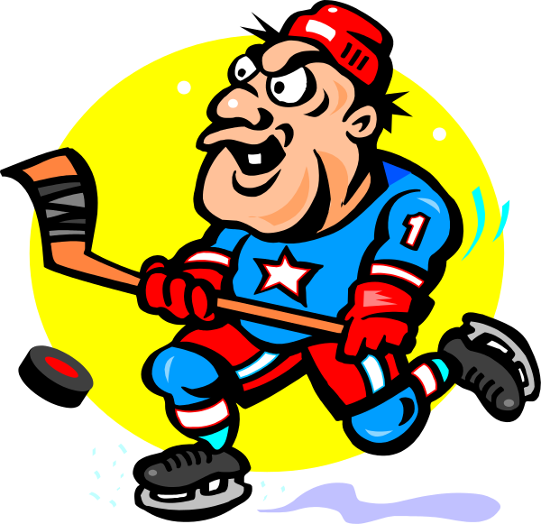 The cartoon depicts a hockey player with an exaggerated facial expression holding two sticks of ice cream cones while skating on what appears to be water due to his speed.