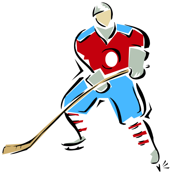 The image shows a hockey player holding two sticks with different designs on them: one is red and white while the other has blue stripes; both players wear helmets but only one helmet features an emblem, which appears to be a shield-like design in silver or gray coloring.