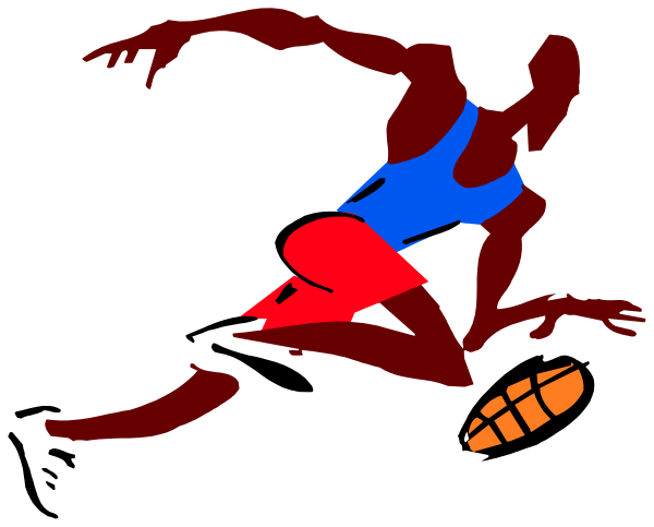 The image shows a cartoon of an athlete running with their arms outstretched against a black background; there is no text present in this clip-art illustration.