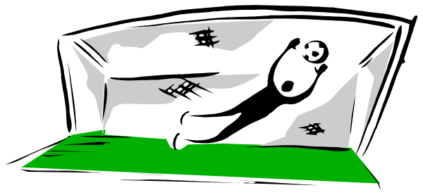 The black and white clip-art shows a soccer ball with two players on it positioned near each other as if playing against an unseen opponent in front of them; there is no visible goalkeeper nor netting, suggesting that this could be from a video game or similar media representation where the focus is solely on player movement.