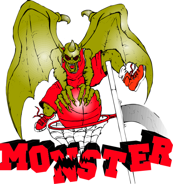 The image features a cartoon depiction of an anthropomorphic bat with wings holding up basketballs while standing on top of one ball in front of another that is being dribbled by what appears to be a humanoid figure wearing red and white, labeled "MONSTERS."