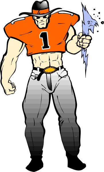 The image shows a black and white illustration of an animated football player with number 1 on his jersey standing upright in front of what appears to be a stadium filled with spectators. He is holding out one hand, possibly signaling for something like a play or celebrating after scoring a touchdown. His posture suggests he's ready to run the ball and has just completed an action that required strength or speed. The player wears shoulder pads and cleats typical of American football attire.