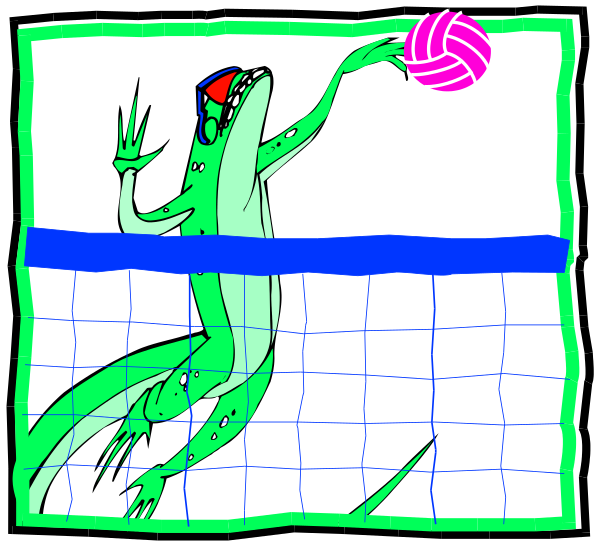 The image shows a cartoon of an alligator playing volleyball on what appears to be a tennis court with blue lines marking boundaries; it is holding a pink ball in its mouth while standing near two poles, possibly part of netting for the game.