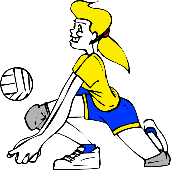 The image shows a cartoon of an animated female volleyball player with blonde hair wearing blue shorts crouched down in front of three sports balls: two soccer balls on either side at her feet and one basketball above, to her right; she is holding out both hands as if ready for action.