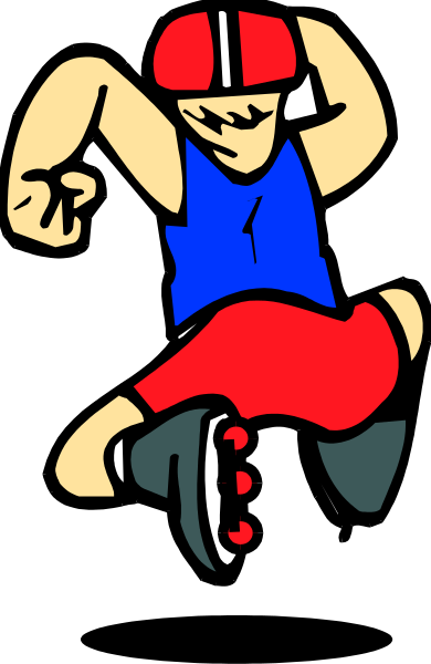 The image shows a cartoon of an animated character performing tricks on roller skates with their arms outstretched for balance against a black background.