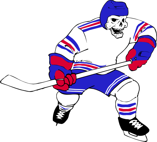 The black and white illustration shows a hockey player holding a stick with his right hand while wearing red pads on both knees; he is crouched in an ice rink environment.