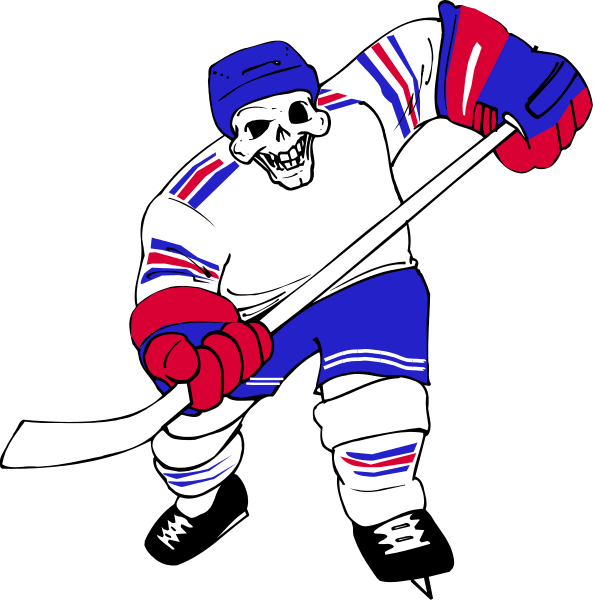 The image shows a cartoon of an ice hockey player wearing red pads with white stripes on his uniform holding two sticks in each hand while skating across black backgrounds that represent different positions during gameplay, one being at center and another from behind viewpoint.