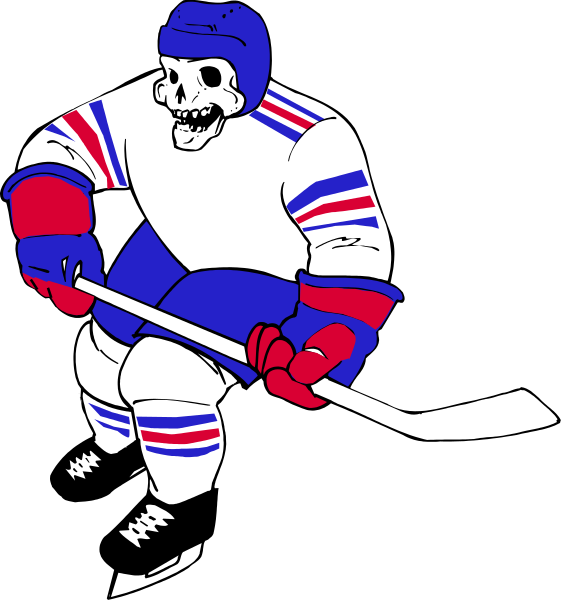 The image shows two illustrations of a hockey player with different expressions: on top is an animated character wearing red white blue jersey holding stick in hand; bottom right corner has same figure but looking down at ice skates, both set against black backgrounds