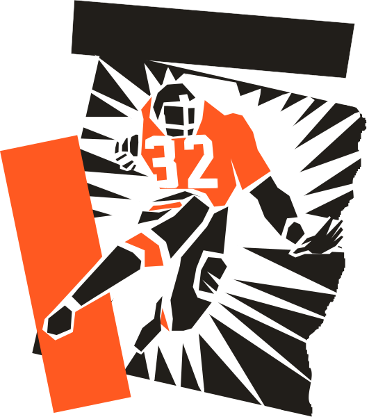 The image shows a stylized graphic of an American football player with his arms outstretched as if he is running in motion against a white background that has some text elements on it.