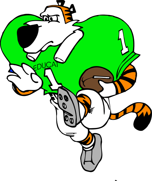 The cartoon depicts a football player holding an American flag with his left hand while running to the right side of the image in mid-stride on what appears to be grassy field.