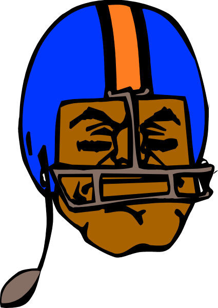 The image shows a cartoon of an American football player's head with exaggerated facial features inside what appears to be a helmet.