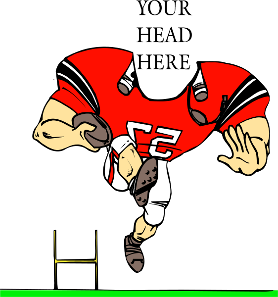 The image shows a cartoon of an American football player with exaggerated muscles running towards a goal post on what appears to be a field during nighttime under artificial lighting conditions.