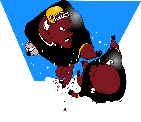 The cartoon shows two football players mid action on a snowy field with trees; both characters have exaggerated features typical of comic book illustrations: one is wearing an oversized helmet resembling a bear, and another has his arm outstretched as if to grab or tackle the first player.